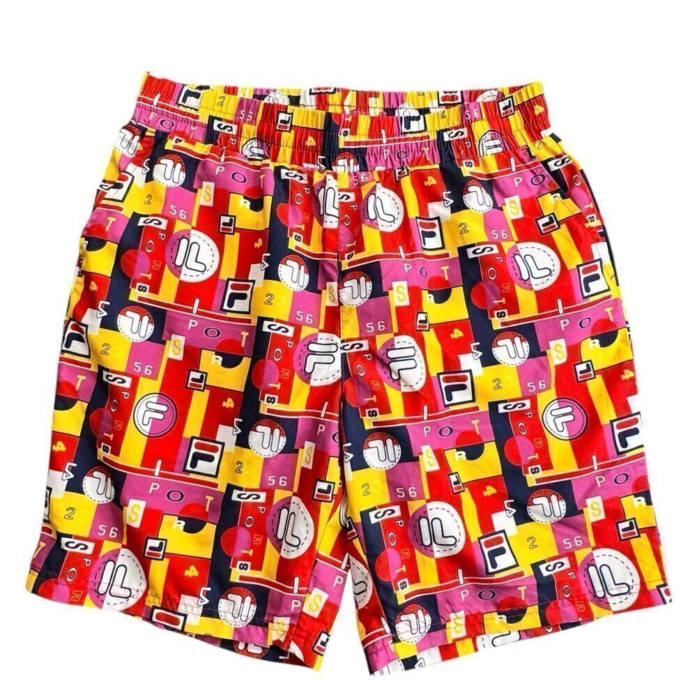 Vintage FILA Sz L Vibrant Geometric All Over Logo SPORT Shorts Swimming Trunks